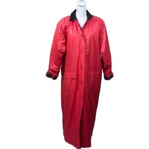 Talbots PVC red maxicoat, quilted plaid lining, retro, utilitarian, preppy